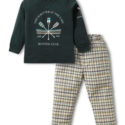 CUCUMBER Cotton Knit Full Sleeves T-Shirt & Lounge Pant Set With Boat Print - Dark Green-image-21