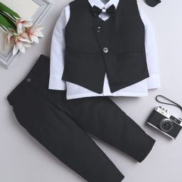 Fourfolds Woven Full Sleeves Solid 3 Piece Party Suit Set With Bow - Black-image-80