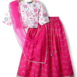 Pine Kids Woven Half Sleeves Choli Lehenga Set with Dupatta Floral Glitter Print & Lace Detailing - Pink-picture-44