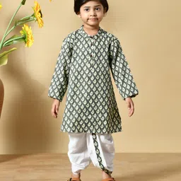 MoMaa Cotton Woven Full Sleeves Abstract Motif Printed Kurta Dhoti Set - Light Grey-picture-7