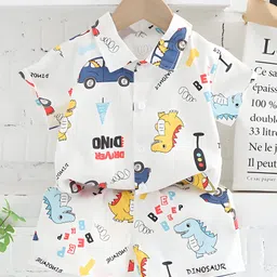 Googo Gaaga Cotton Woven Half Sleeves Dinosaurs Printed Shirt & Coordinating Shorts Set - White-picture-9
