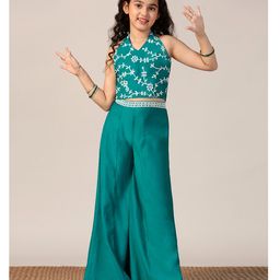 Fashion Dream Silk Woven Sleeveless Floral Embroidered & Sequins Embellished Top Palazzo Set - Teal-picture-34