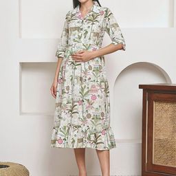 Frempy Maternity Floral Printed Shirt Collar Organic Cotton A-Line Maxi Dress-picture-3