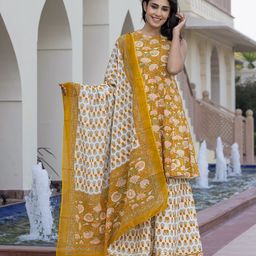 Jaitpuriya Women Floral Printed Regular Pure Cotton Kurta with Trousers & With Dupatta-image-98