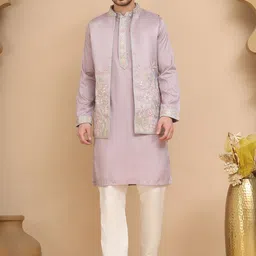 Jompers Men Mandarin Collar Kurta with Pyjamas With Embroidered Waistcoat-picture-39