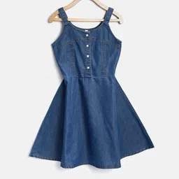 StyleStone Girls Blue Solid Denim Fit & Flare Dress-48