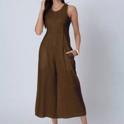 Moomaya Brown Cotton Regular Fit Jumpsuit-image-31