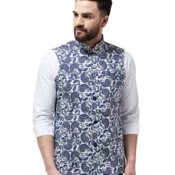 Sojanya Cream & Royal Blue Paisley Print Nehru Jacket-image-5