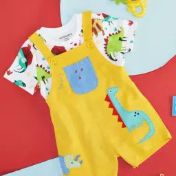 Pantaloons Baby Yellow & White Cotton Printed Dungaree Set-image-22