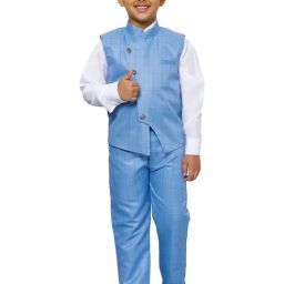 Pro-Ethic Style Developer Kids Blue & White Checks Full Sleeves Shirt, Waistcoat & Pants-image-65