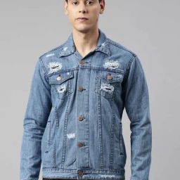 CINOCCI Blue Cotton Slim Fit Distressed Denim Jacket-picture-33