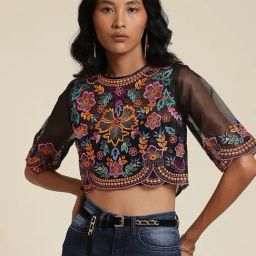 Label Ritu Kumar Black Embroidered Crop Top With Camisole-image-44