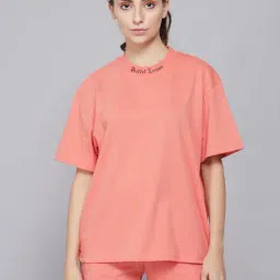 GRIFFEL Peach Cotton Regular Fit Printed T-Shirt With Shorts-image-5