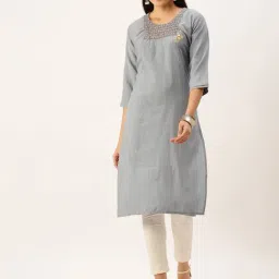 SHOWOFF Grey Cotton Embellished Calf Length Straight Kurta-image-72