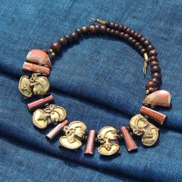 ExclusiveLane 'Tribal Lady Faces' Brown & Orange Brass Necklace Handcrafted in Dhokra Art-picture-14