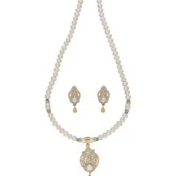 Sri Jagdamba Pearls Jhanvi Green & White Pearl CZ Necklace Set-34