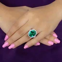 ornate jewels 925 Silver Oval Green Emerald and American Diamond Halo Ring for Women & Girls-picture-30