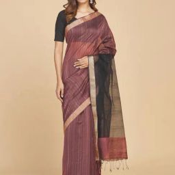 Fabindia Brown Striped Saree Without Blouse-image-6