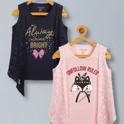 Plum Tree Pink Cotton Regular Fit T-Shirts & Shrug - Pack of 2-image-73