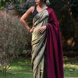 Suta Beige & Maroon Woven Saree Without Blouse-image-5