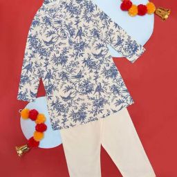 Indus Route by Pantaloons Kids Blue & Off-White Cotton Printed Full Sleeves Kurta Set-image-37