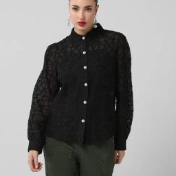 SHOWOFF Black Cotton Embroidered Full Sleeves Shirt With Inner Slip-image-3