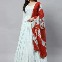 SHUBHKALA Sky Blue & Red Embellished Lehenga and Choli Set With Dupatta-picture-14