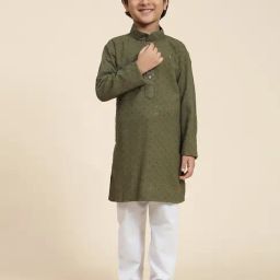Pro-Ethic Style Developer Kids Dark Green & White Embellished Full Sleeves Kurta with Pyjamas-picture-31