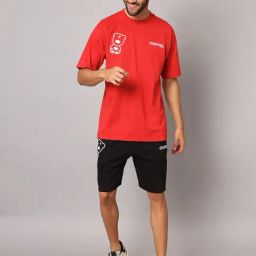 GRIFFEL Red & Black Loose Fit Printed T-Shirt & Shorts Set-picture-6