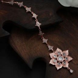 Aatmana Rose Gold-Plated White AD-Studded Handcrafted Floral MaangTikka for Women-image-2