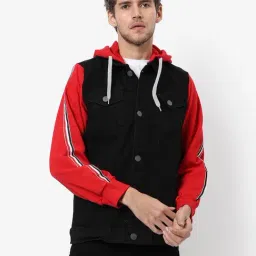 Campus Sutra Black & Red Cotton Regular Fit Colour Block Hooded Jacket-7
