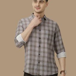 Linen Club Grey Linen Contemporary Fit Checks Shirt-image-87