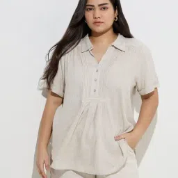 Gia by Westside Beige Pintuck-Detailed Linen-Blend Blouse-image-25