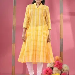 CHARUKRITI Yellow Cotton Woven Pattern A Line Kurta-image-19
