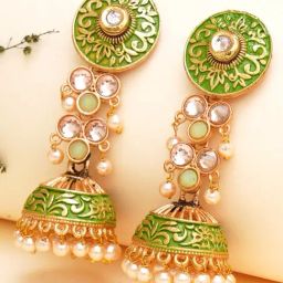 Karatcart Gold-Plated Light Green Meena & Pearl Studded Jhumki Earrings for Women-26