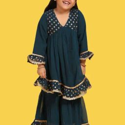 AJ Dezines Kids Teal Blue Printed Kurta Set-image-73