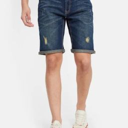 Octave Tint Khaki Cotton Regular Fit Distressed Denim Shorts-image-11