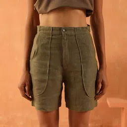 PRIMAL GRAY Women High-Rise Drop Pocket Shorts Linen Regular Shorts-picture-18