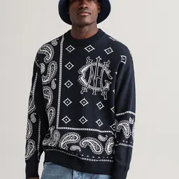 GANT Men Navy Blue & White Woollen Printed Sweater-image-89
