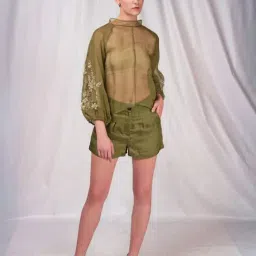 Seesa Green Spring Summer Mid-thigh Length Shorts-image-4