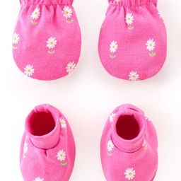 Babyhug 100% Cotton Knit Mittens & Booties Set Floral Print - Pink-image-90
