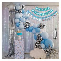 Bubble Trouble First Birthday decoration items with Monthly Banner Dark & Pastel Blue White Metallic Silver Pack of 70-25