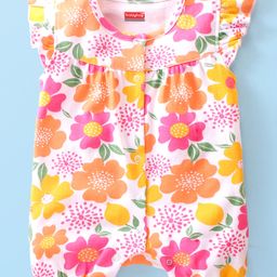 Babyhug 100% Cotton Knit Frill Sleeves Floral & Lemon Printed Romper - Multicolour-image-88