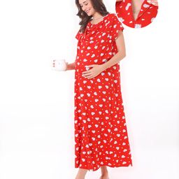 Bella Mama Cotton Knit Half Sleeves Concealed Zipper Strawberry Print Nighty - Red-picture-15