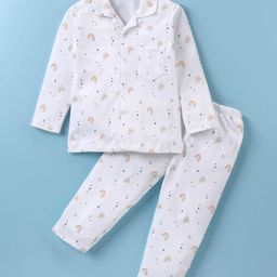 Ben Benny 100% Cotton Knit Full Sleeves Collared Night Suit With Rainbows Print - White-image-36