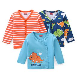 Babyhug 100% Cotton Interlock Knit Full Sleeves Front Open Jhablas with Dino & Striped Print Pack of 3 - Multicolor-13