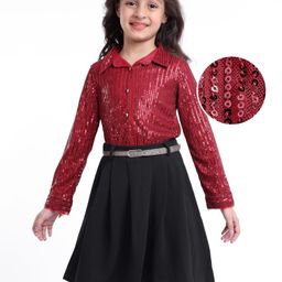 Hola Bonita Knit Full Sleeves Shimmer Sequinned Shirt and Skirt - Maroon & Black-picture-35