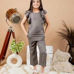 Kids Cave 100% Rayon Frill Sleeves  Solid Jumpsuit -  Grey-image-71