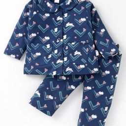 Teddy Sinker Knit Full Sleeves Front Open Night Suit with Bunny & Floral Print - Navy Blue-9