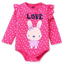 Doodle Poodle 100% Cotton Knit Full Sleeves Hearts & Bunny Print Onesie with Frill Detailing - Dark Pink-image-18